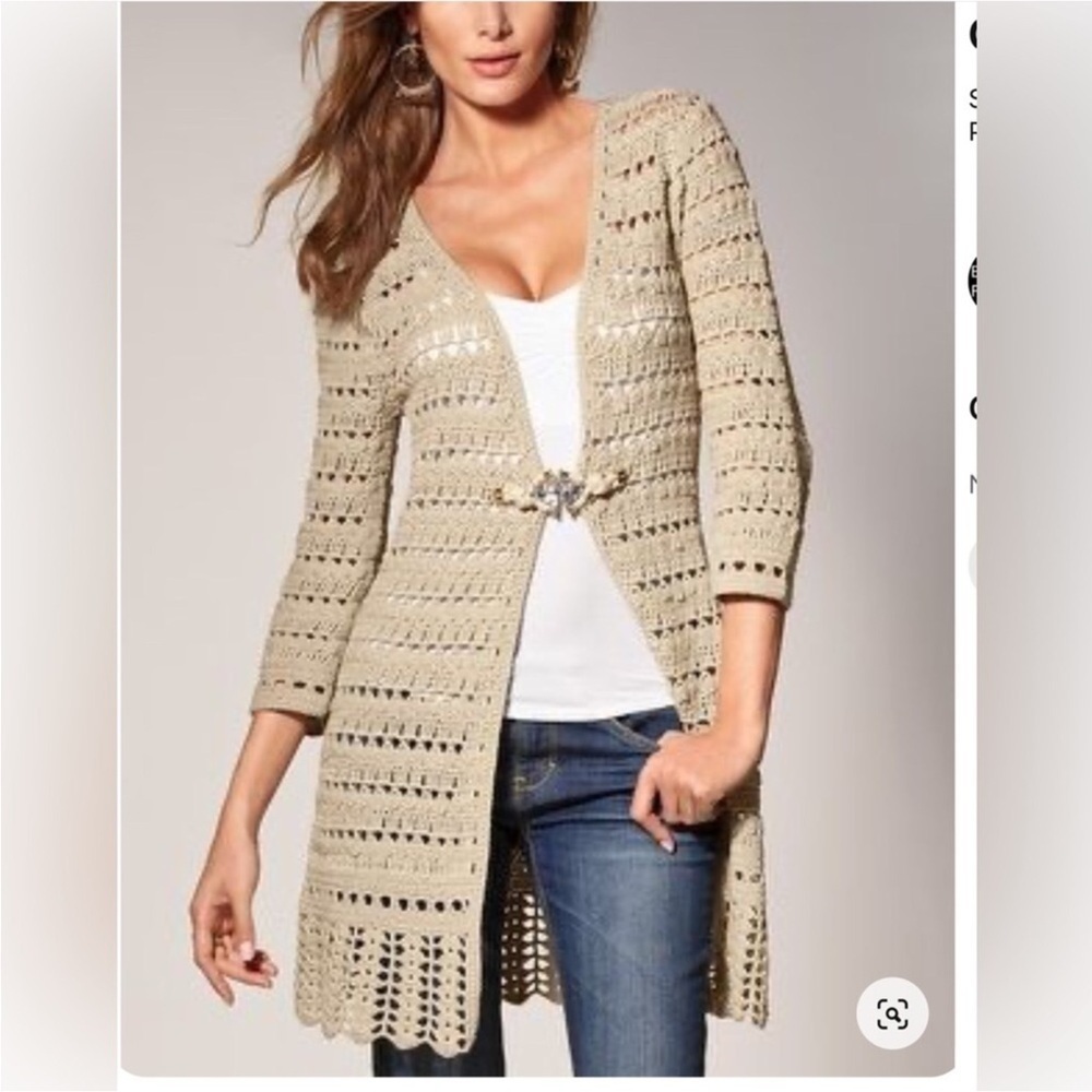 Boston Proper tan open weave long cardigan with rhinestone closure Size Small